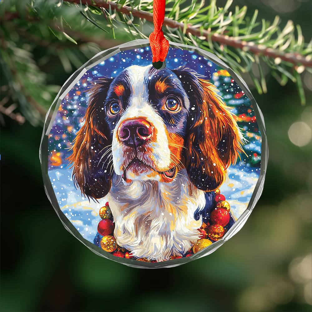 Beautiful English Springer Spaniel Dog Christmas Night Design 3 Glass Ornament