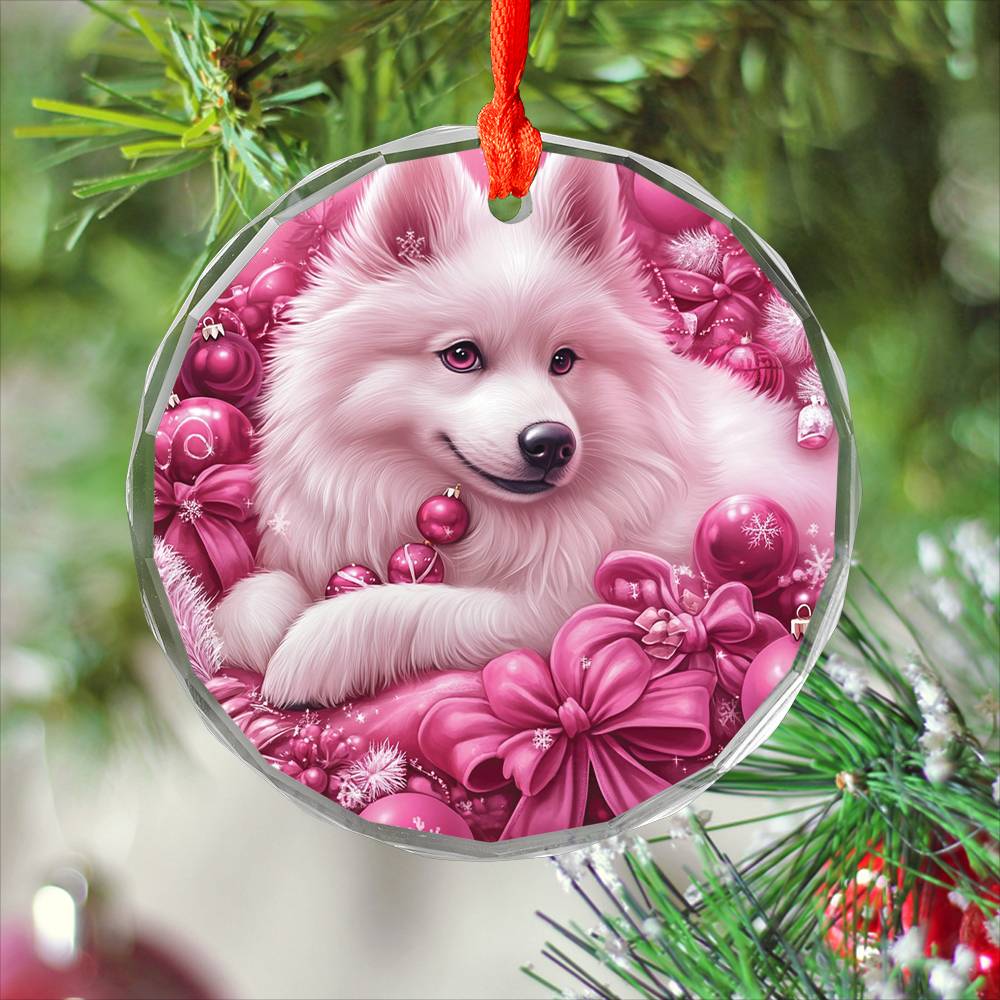 Samoyed Dog Pink Christmas Design 1 Glass Ornament