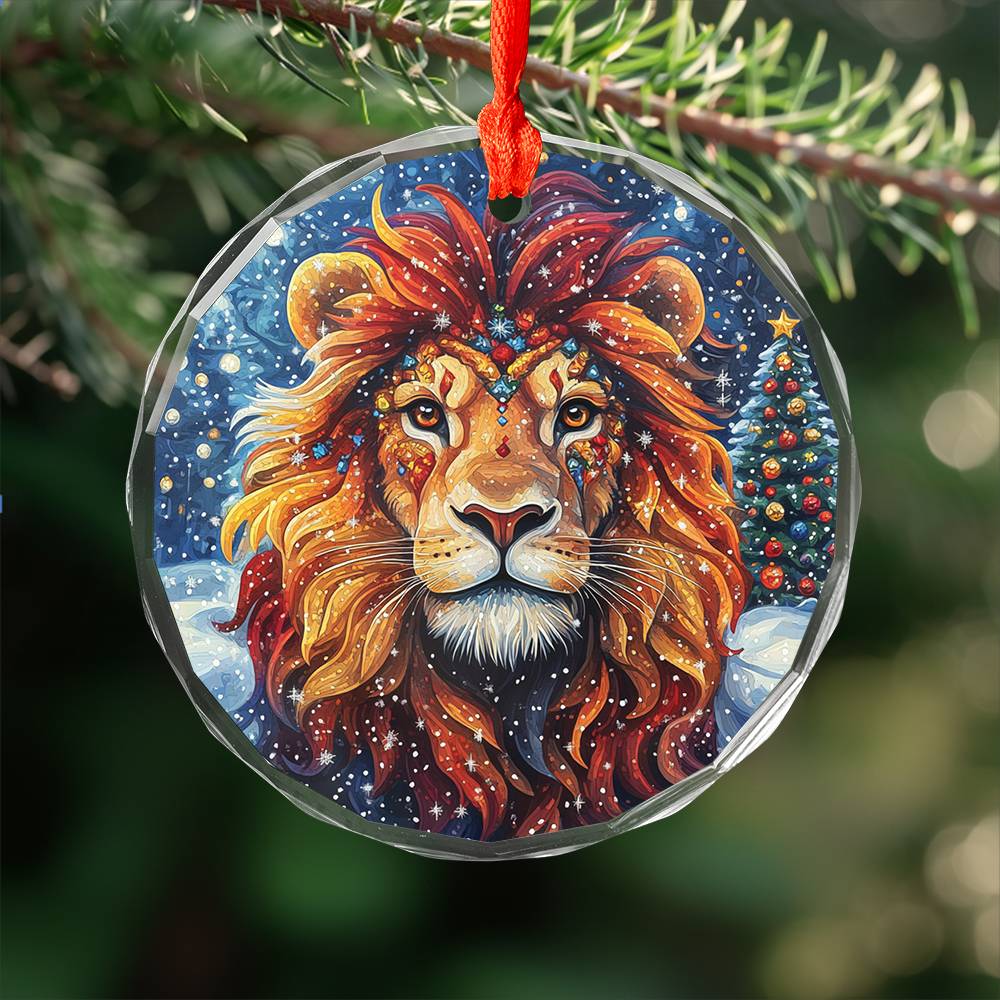 Beautiful Lion Christmas Night Design 1 Glass Ornament