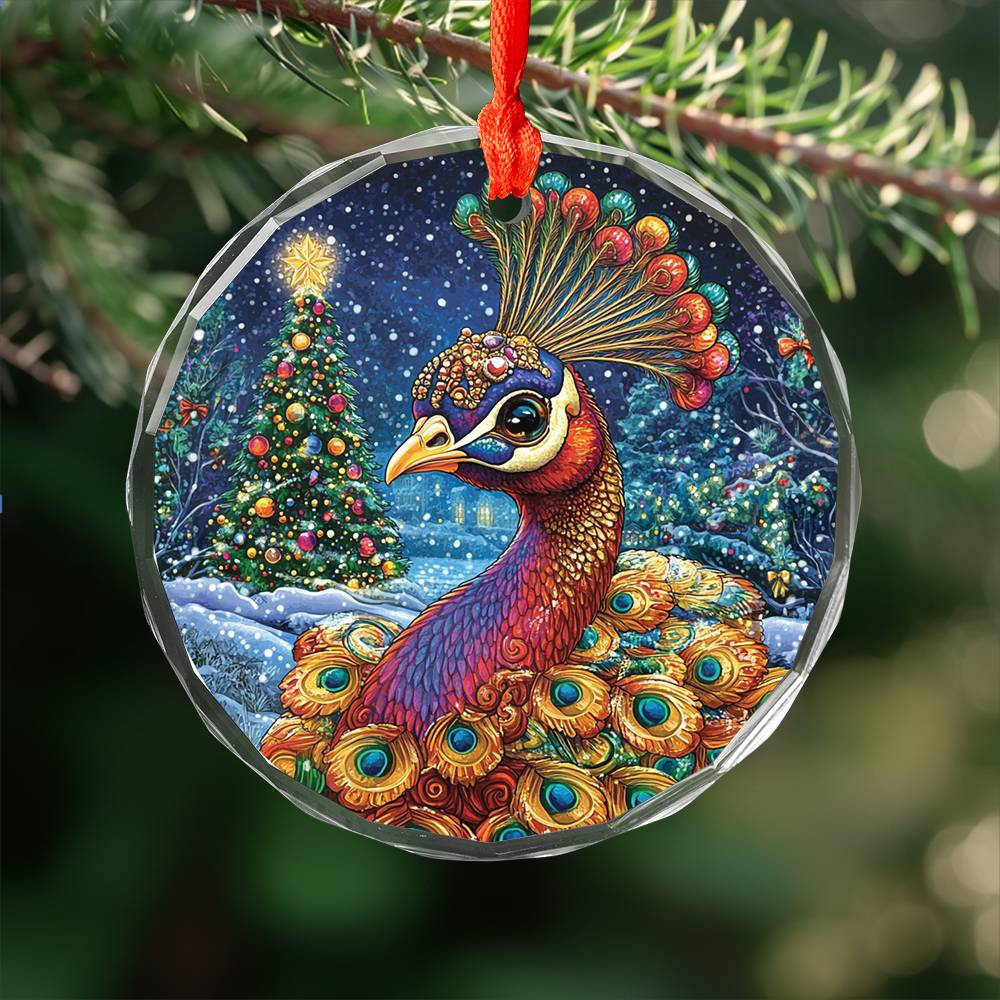 Beautiful Peacock Christmas Night Design 4 Glass Ornament