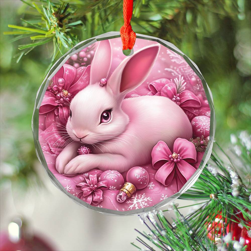 Rabbit Pink Christmas Design 3 Glass Ornament
