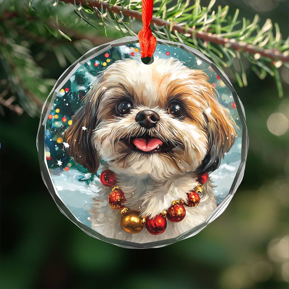 Beautiful Angus Shih Tzu Dog Christmas Night Design 4 Glass Ornament