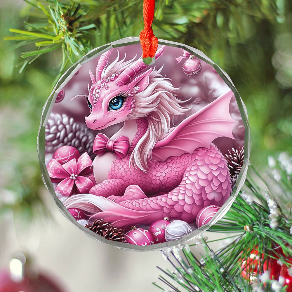 Dragon Pink Christmas Design 2 Glass Ornament