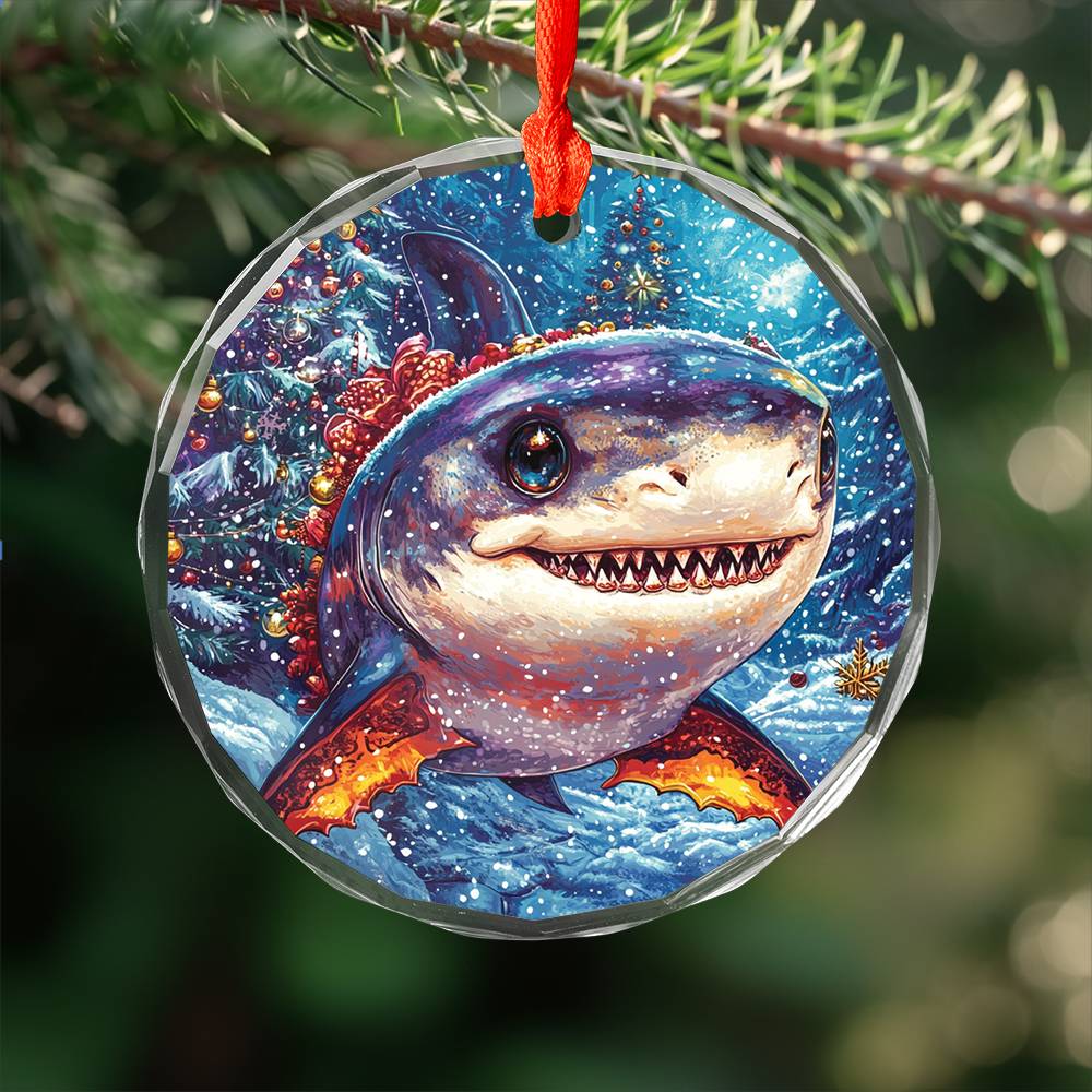 Beautiful Angus Shark Christmas Night Design 4 Glass Ornament