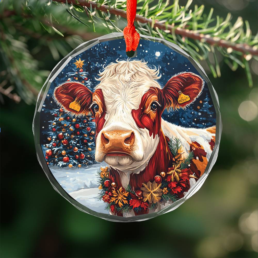 Beautiful Hereford Cow Christmas Night Design 4 Glass Ornament