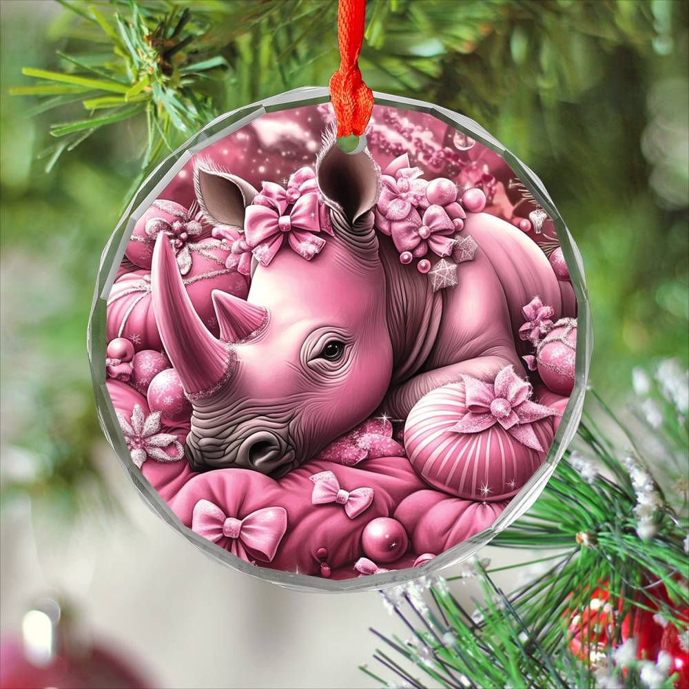 Rhino Pink Christmas Design 3 Glass Ornament