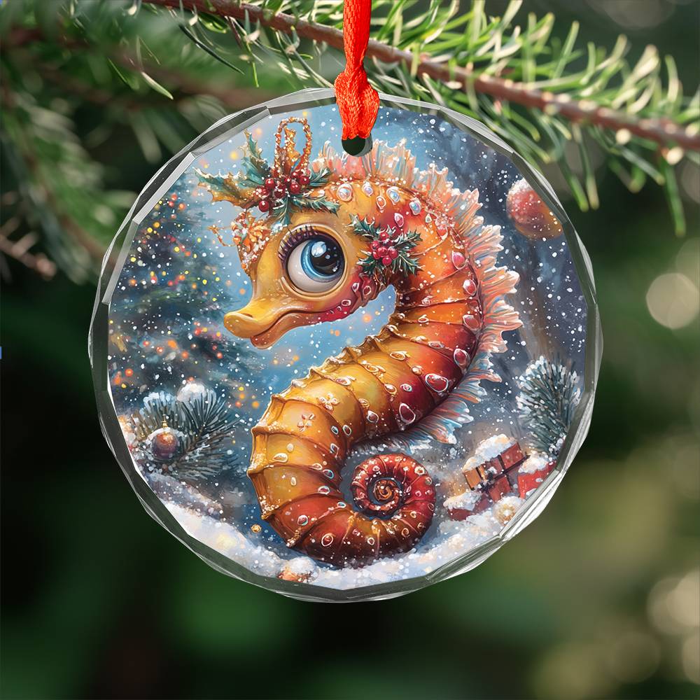 Beautiful Angus Seahorse Christmas Night Design 2 Glass Ornament