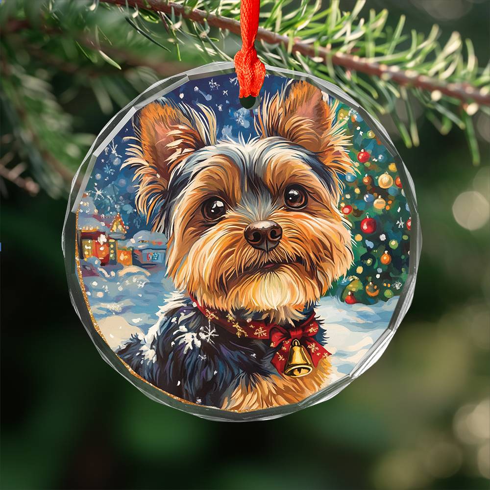Beautiful Angus Yorkshire Terrier Dog Christmas Night Design 3 Glass Ornament