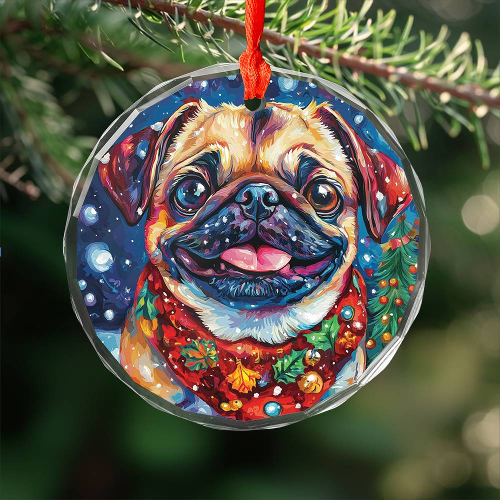 Beautiful Pug Dog Christmas Night Design 2 Glass Ornament