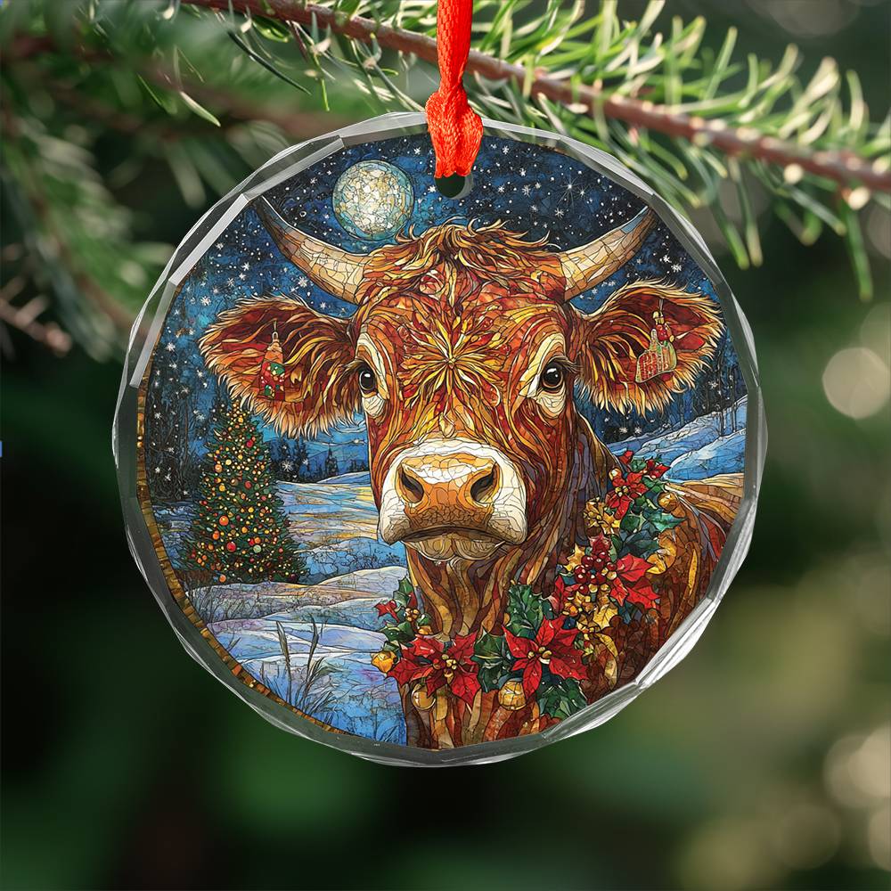 Beautiful Angus Cow Christmas Night Design 3 Glass Ornament