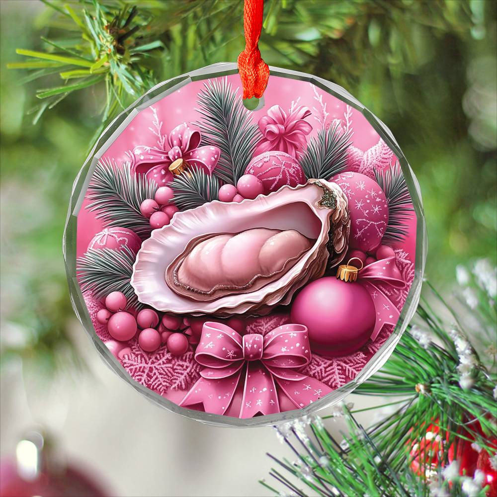 Oysters Pink Christmas Design 1 Glass Ornament