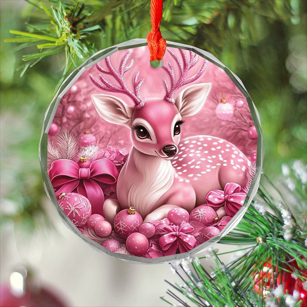 Deer Pink Christmas Design 2 Glass Ornament