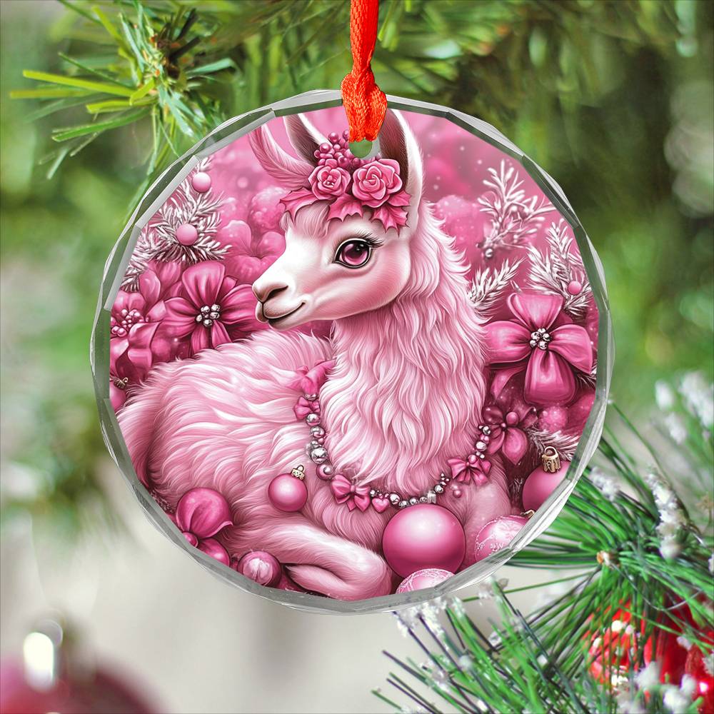 Llama Pink Christmas Design 3 Glass Ornament