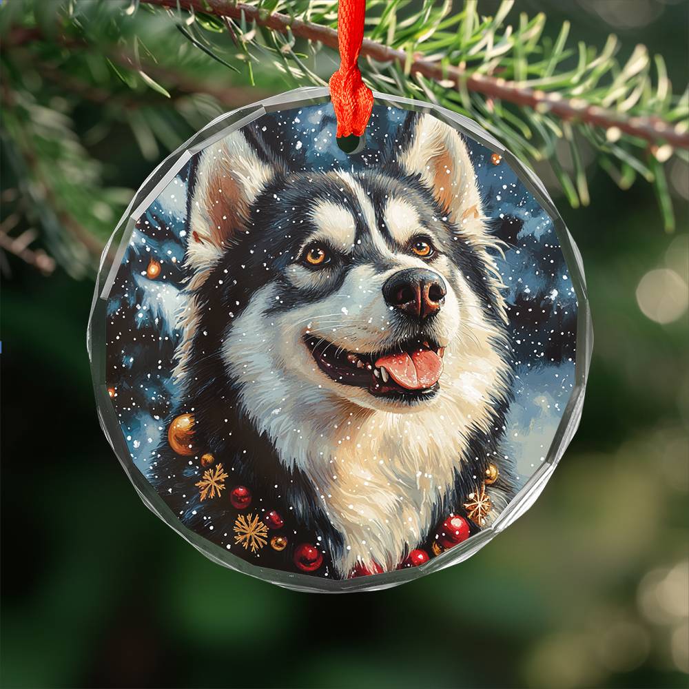 Beautiful Angus Huskie Dog Christmas Night Design 4 Glass Ornament