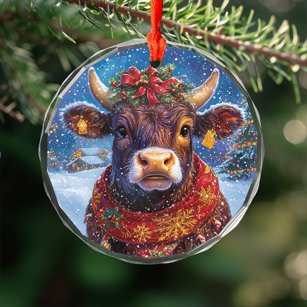 Beautiful Angus Cow Christmas Night Design 4 Glass Ornament