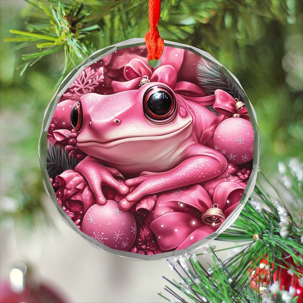 Frog Pink Christmas Design 3 Glass Ornament
