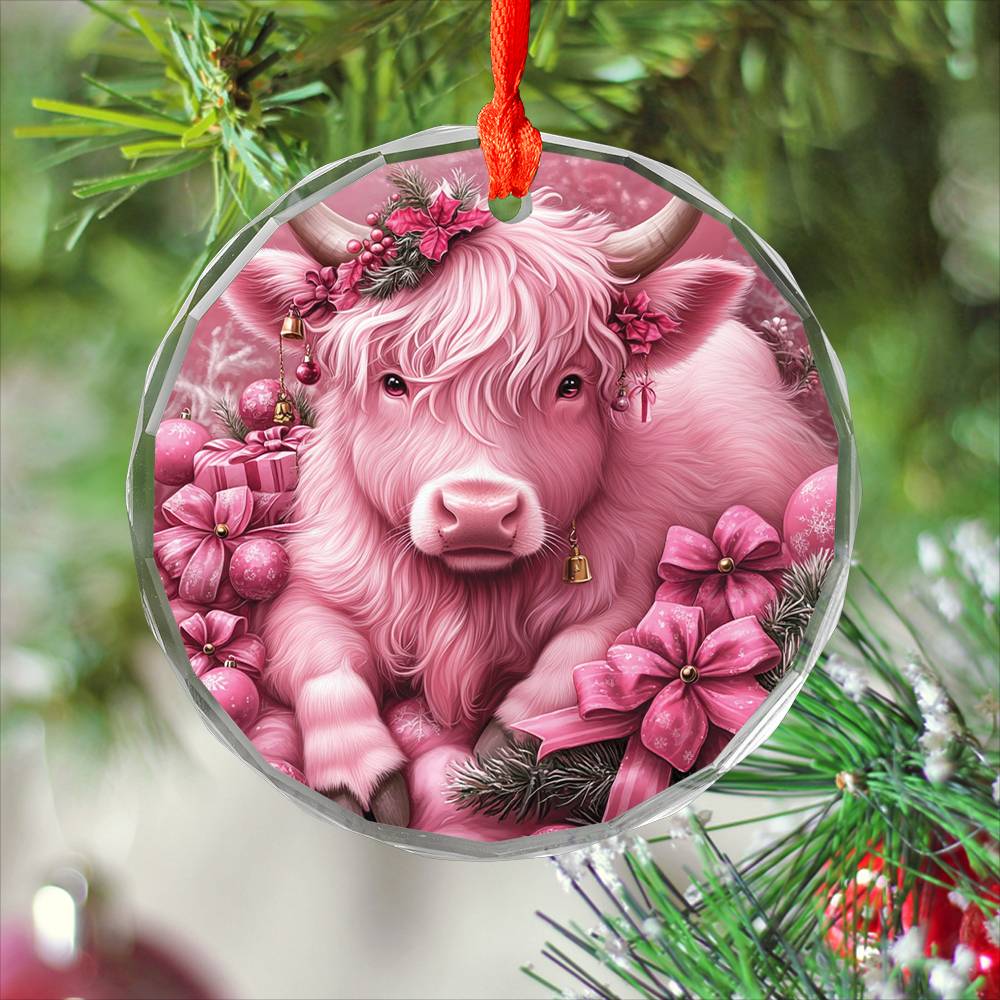 Highland Cow Pink Christmas Design 4 Glass Ornament