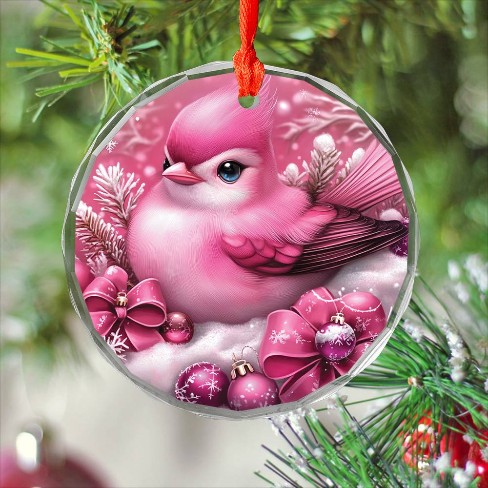 Songbird Pink Christmas Design 1 Glass Ornament
