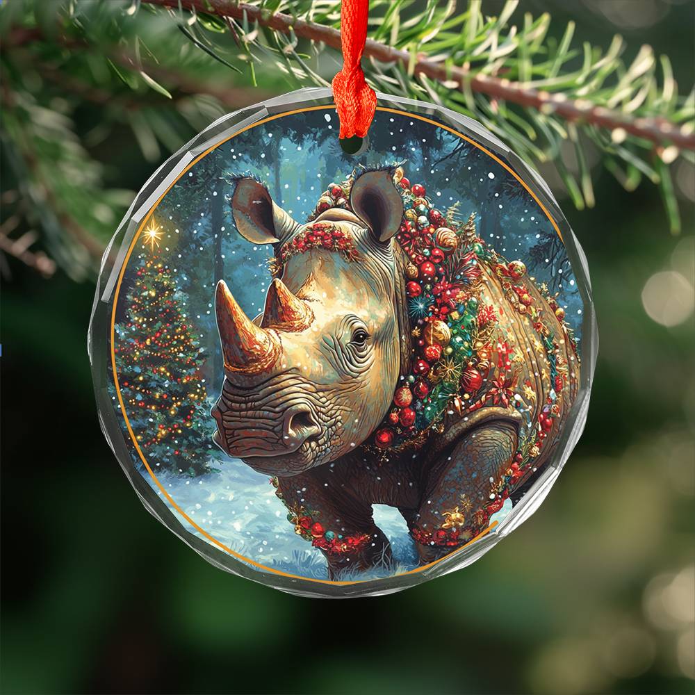 Beautiful Rhino Christmas Night Design 1 Glass Ornament