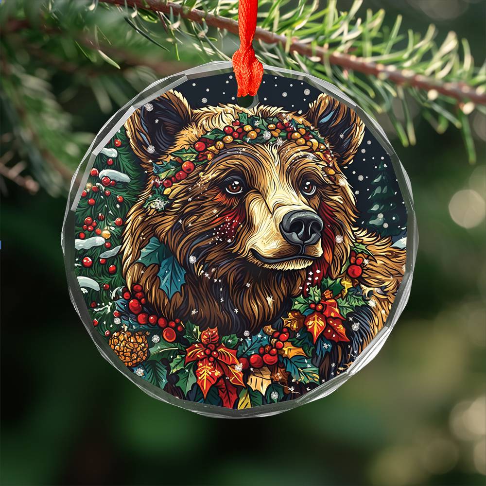 Beautiful Angus Grizzly Bear Christmas Night Design 4 Glass Ornament
