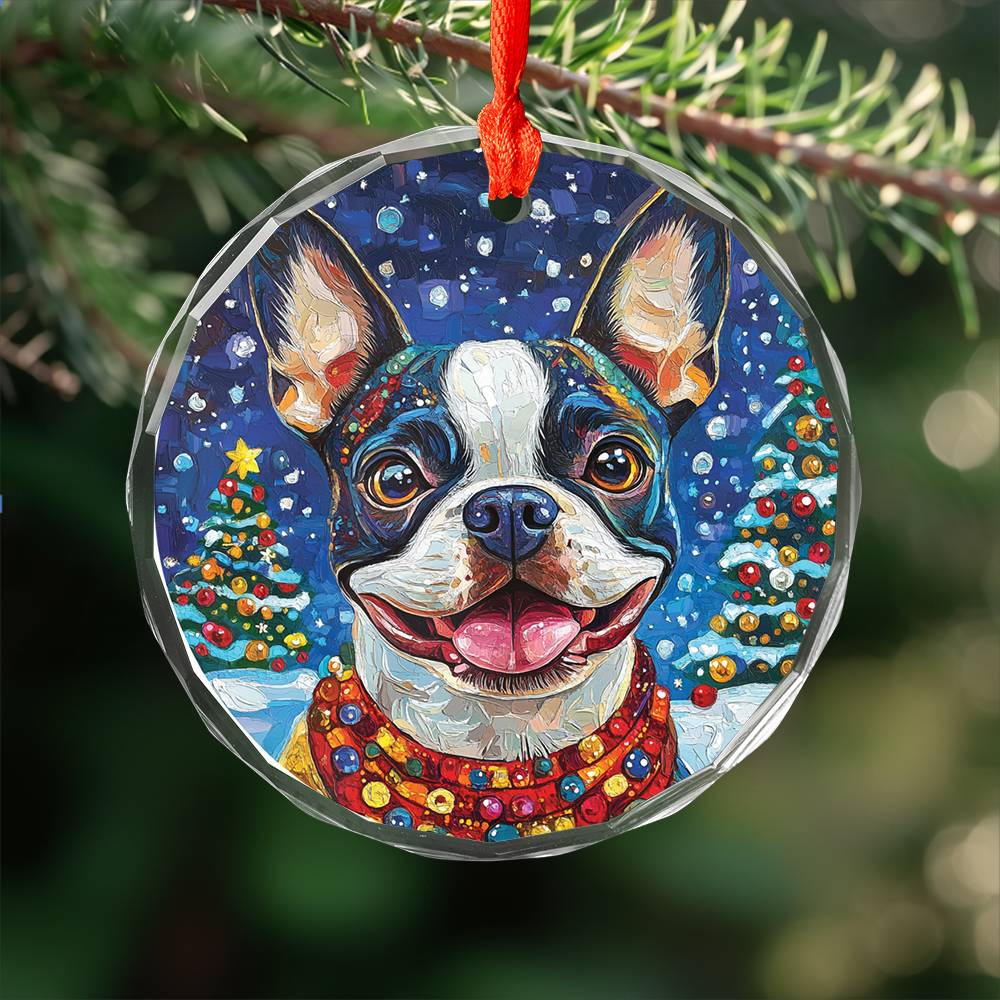 Beautiful Boston Terrier Dog Christmas Night Design 3 Glass Ornament