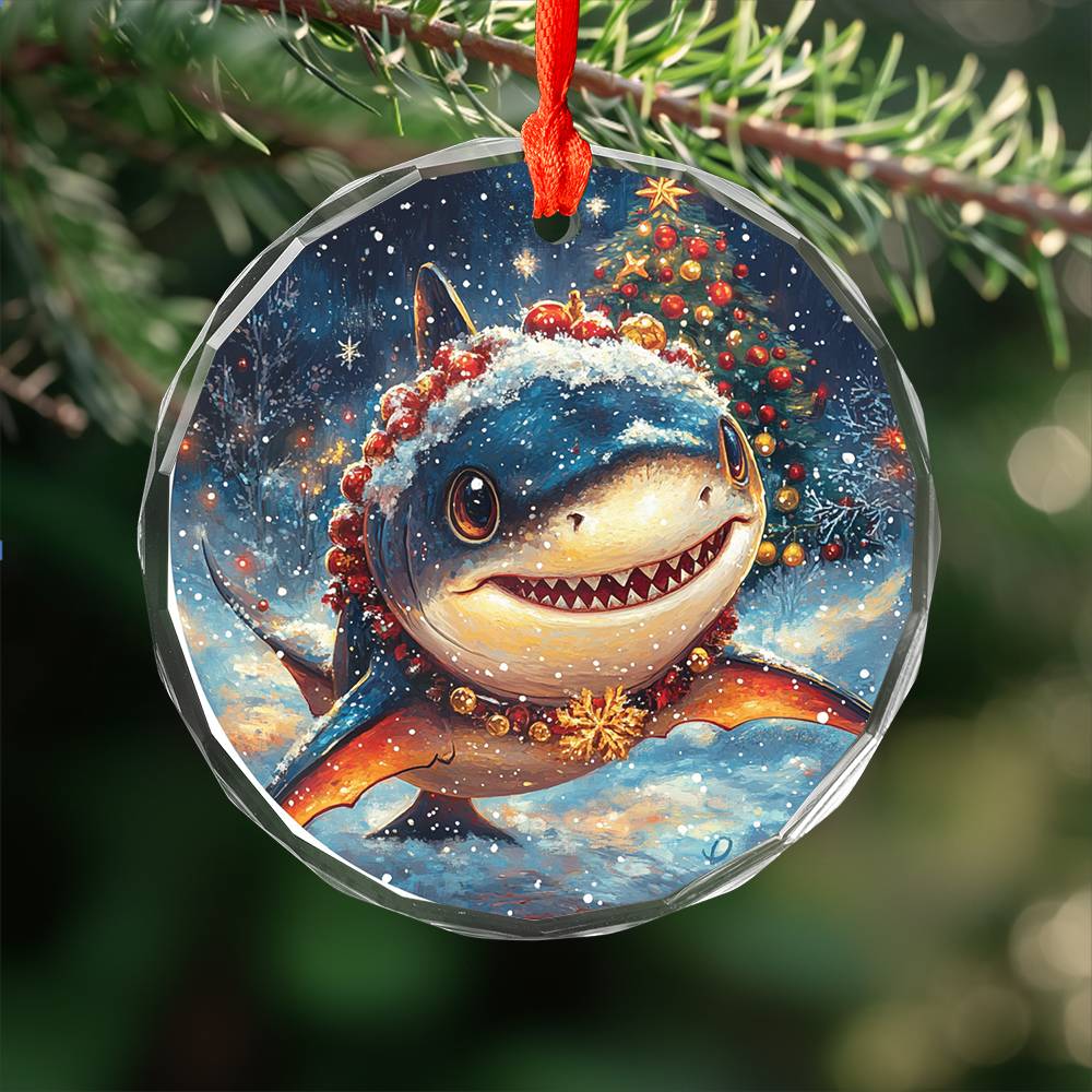 Beautiful Angus Shark Christmas Night Design 3 Glass Ornament
