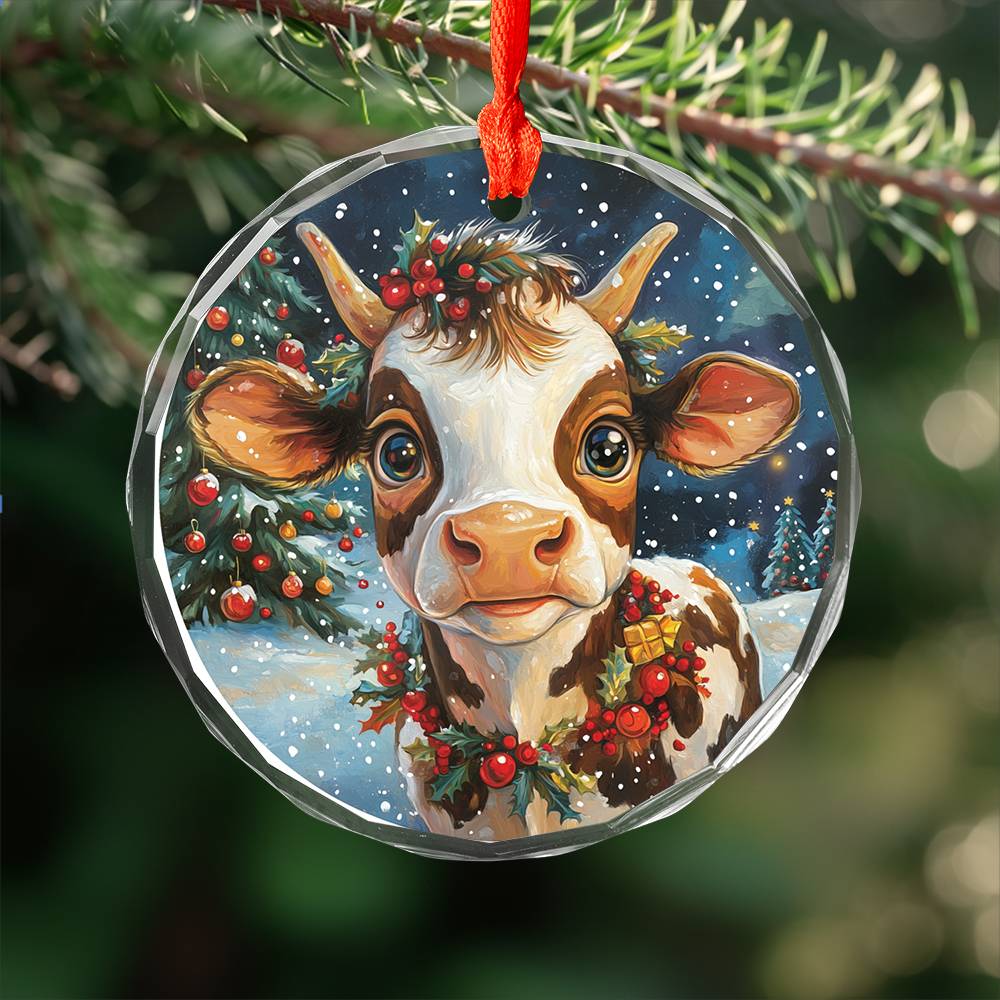 Beautiful Dairy Cow Christmas Night Design 3 Glass Ornament