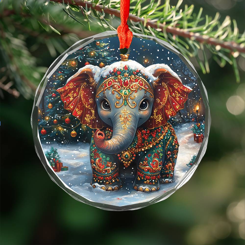 Beautiful Elephant Christmas Night Design 4 Glass Ornament