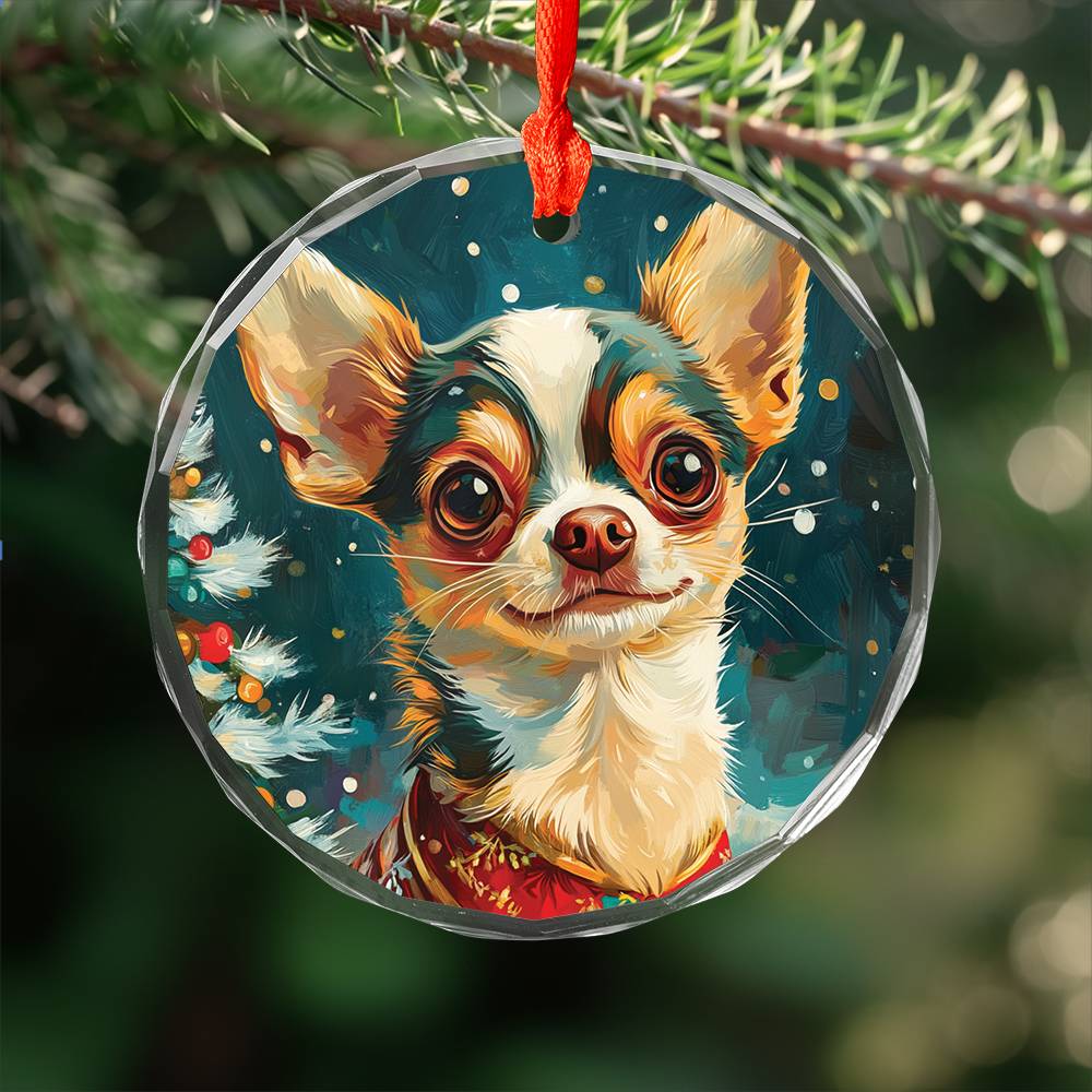 Beautiful Chihuahua Dog Christmas Night Design 1 Glass Ornament