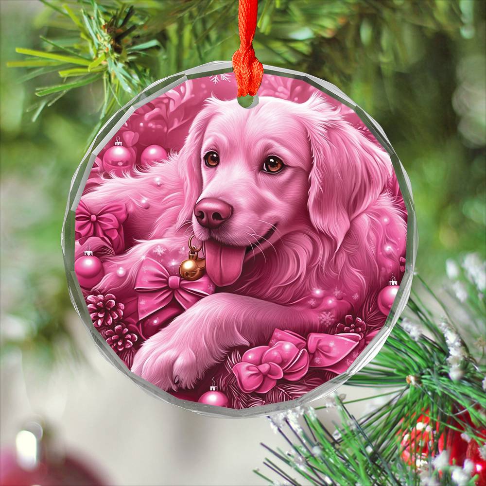 Golden Retriever Dog Pink Christmas Design 2 Glass Ornament