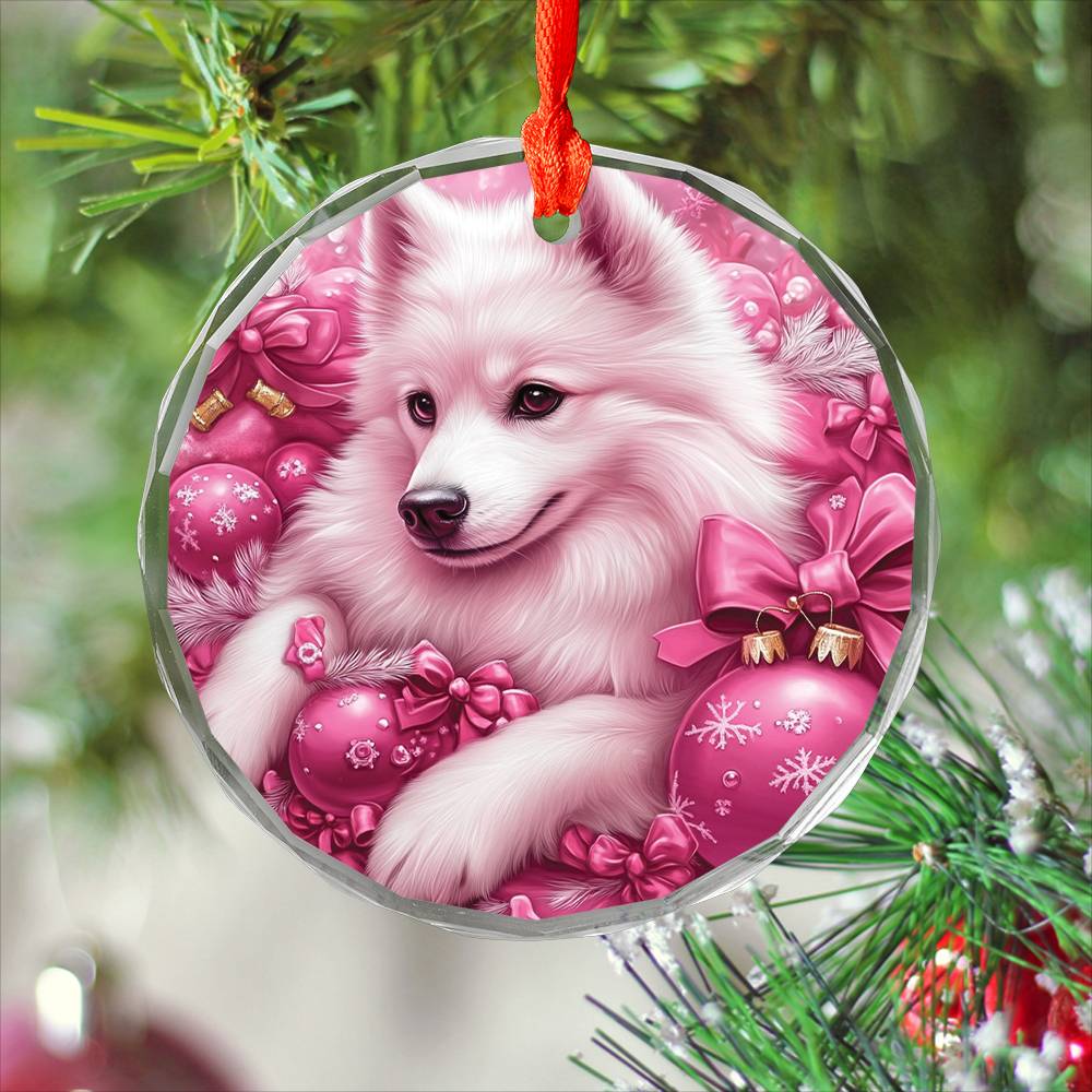 Samoyed Dog Pink Christmas Design 2 Glass Ornament
