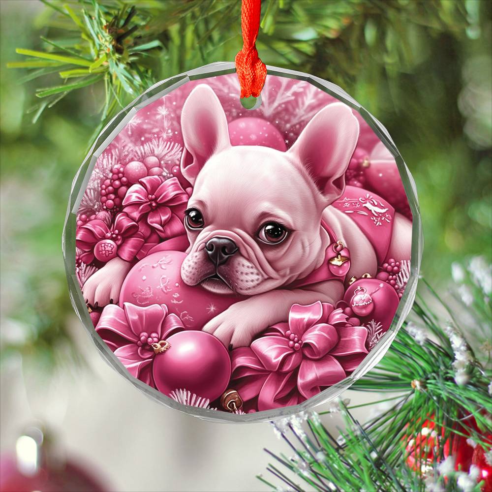 French Bulldog Pink Christmas Design 2 Glass Ornament