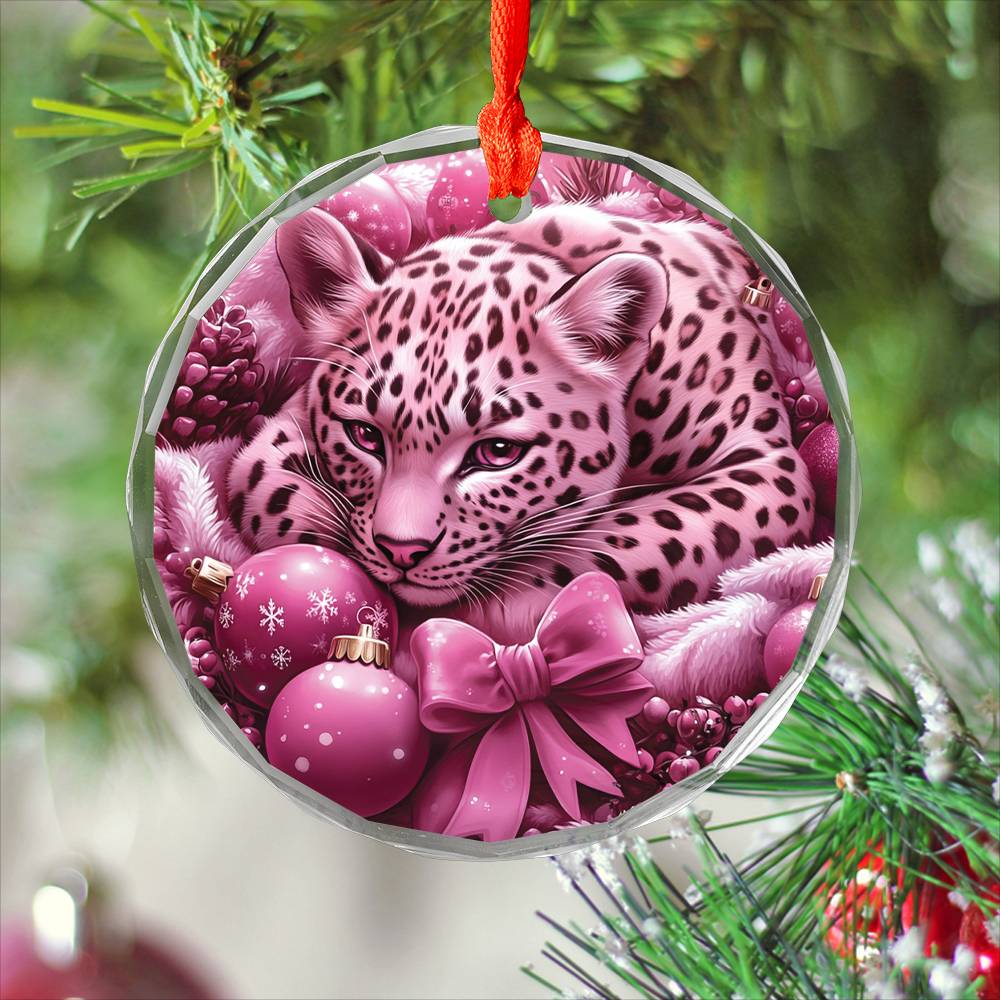 Leopard Pink Christmas Design 1 Glass Ornament