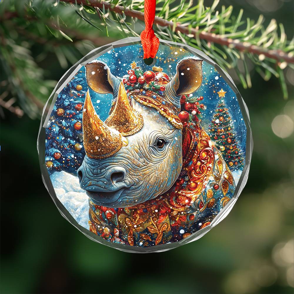 Beautiful Rhino Christmas Night Design 3 Glass Ornament