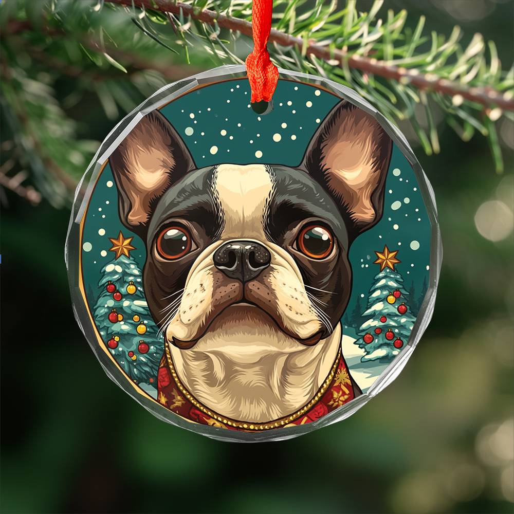Beautiful Boston Terrier Dog Christmas Night Design 4 Glass Ornament