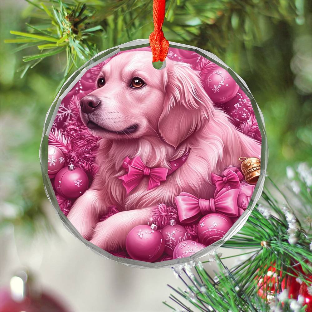 Golden Retriever Dog Pink Christmas Design 3 Glass Ornament