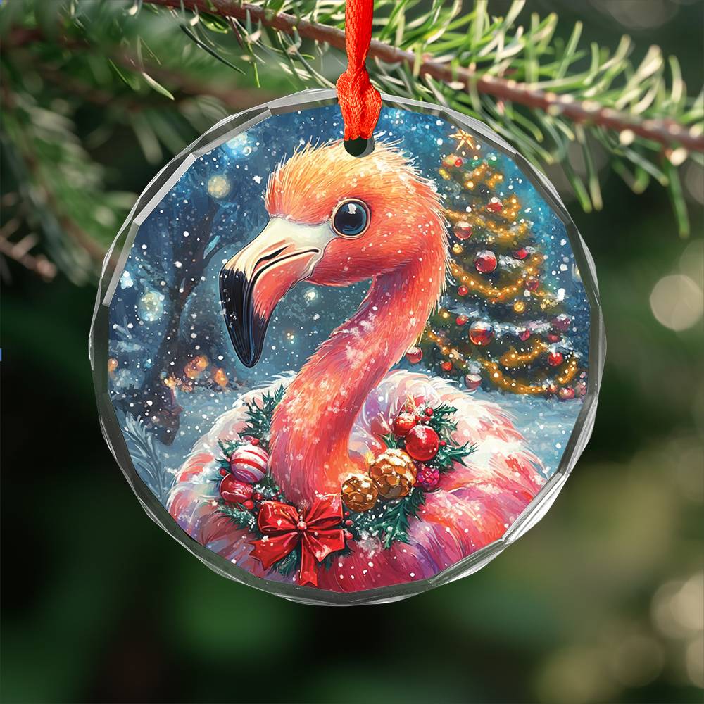 Beautiful Flamingo Christmas Night Design 2 Glass Ornament