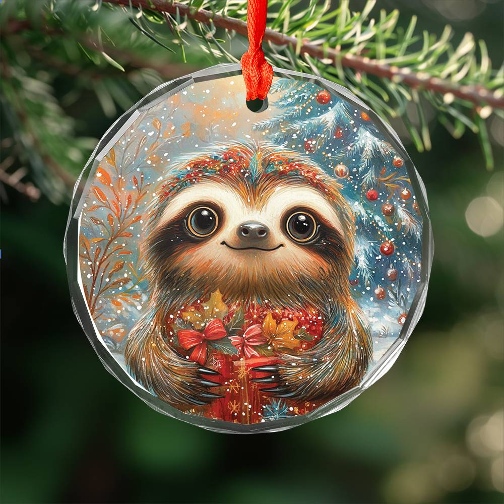 Beautiful Angus Sloth Christmas Night Design 4 Glass Ornament