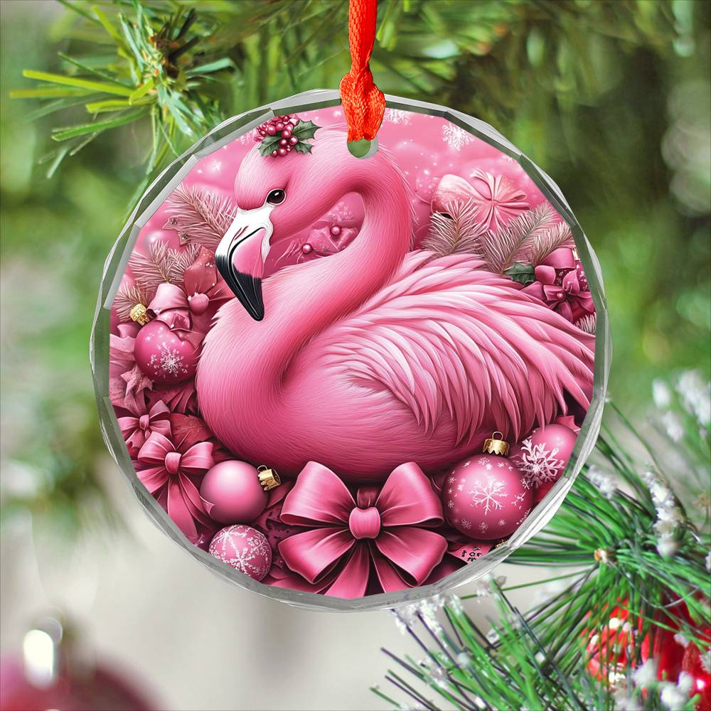 Flamingo Pink Christmas Design 2 Glass Ornament