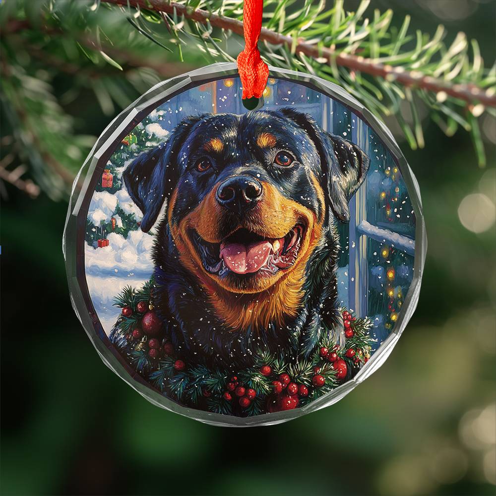 Beautiful Angus Rottweiler Dog Christmas Night Design 1 Glass Ornament
