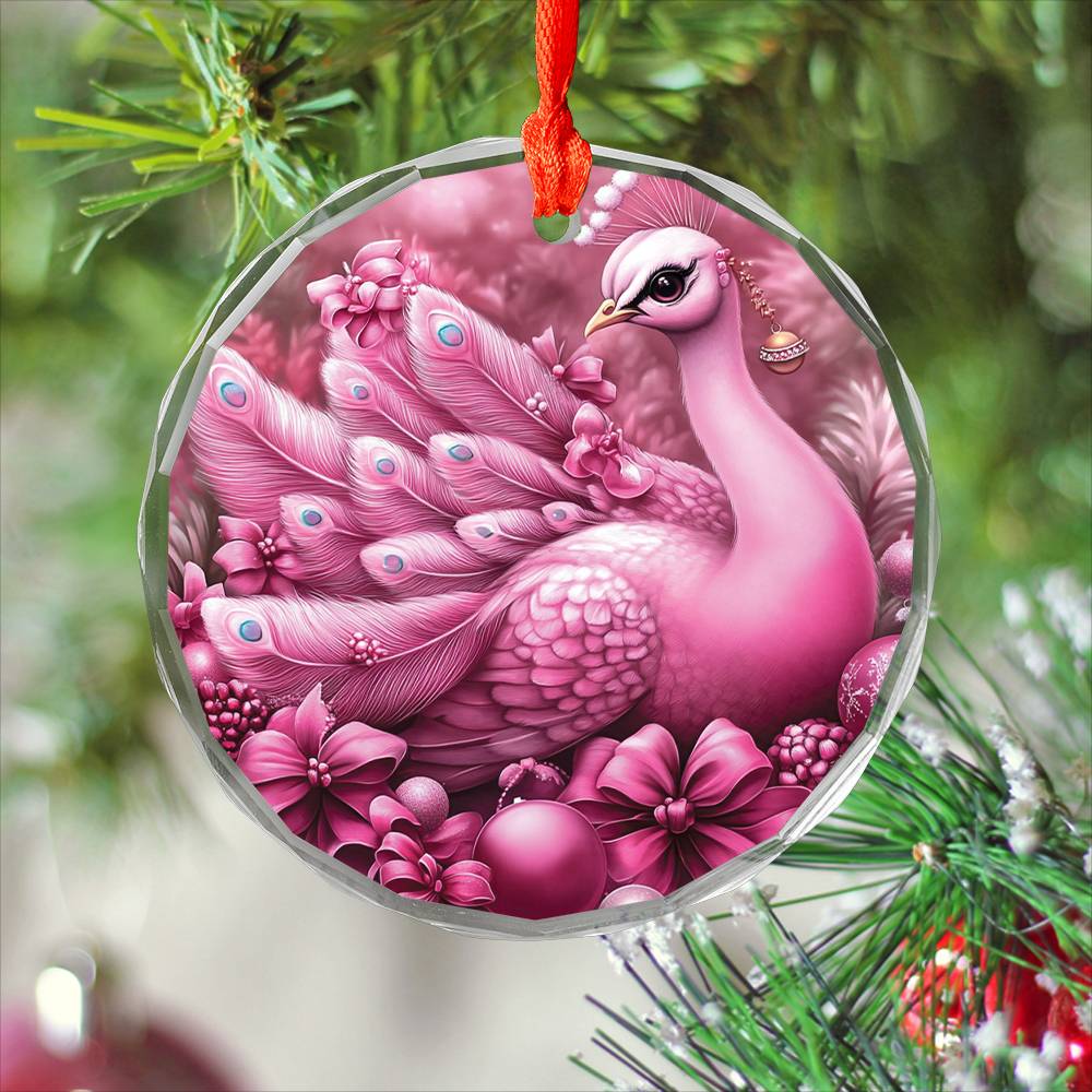 Peacock Pink Christmas Design 2 Glass Ornament