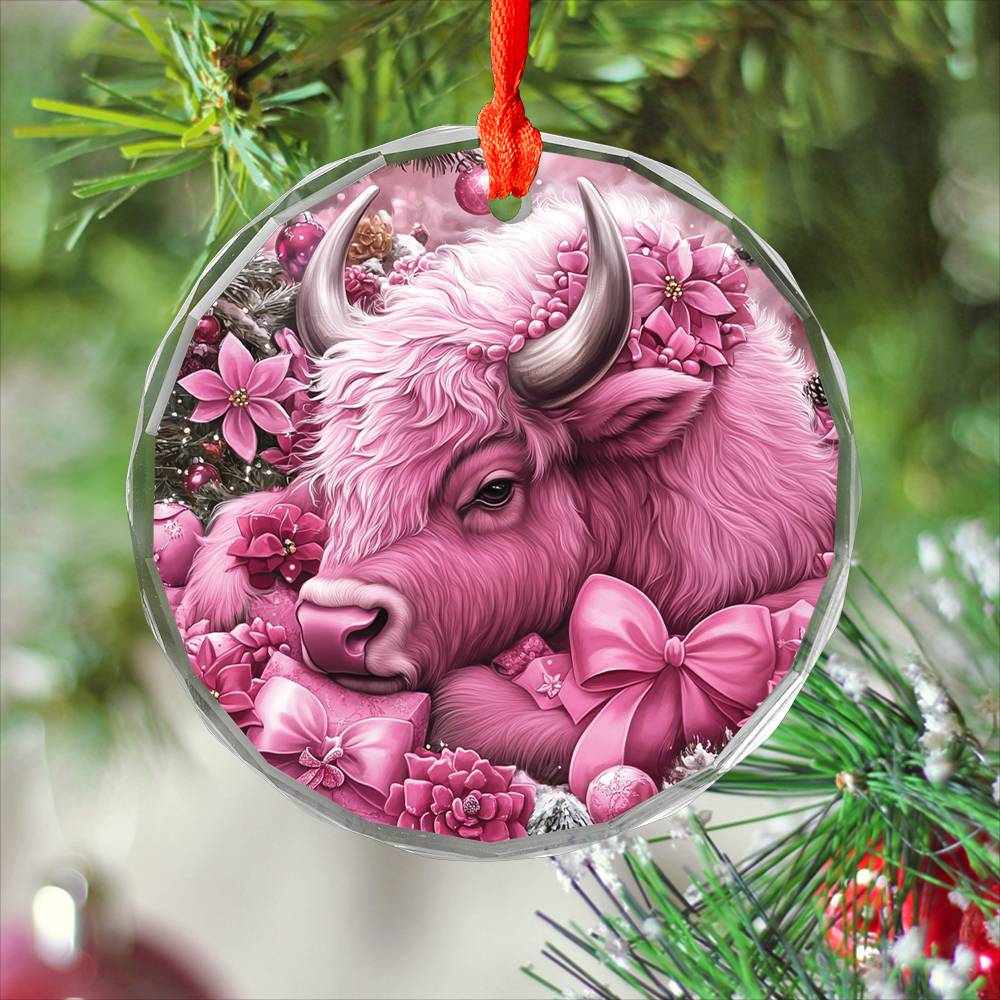 Bison Pink Christmas Design 2 Glass Ornament