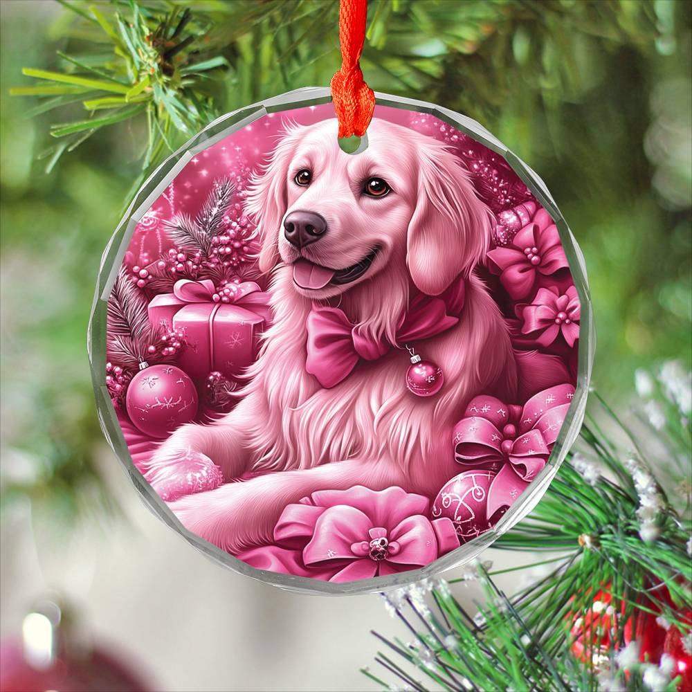 Golden Retriever Dog Pink Christmas Design 4 Glass Ornament
