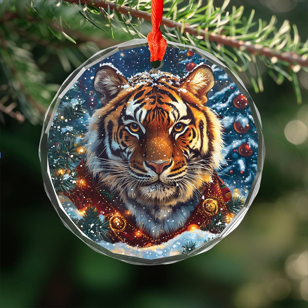 Beautiful Tiger Christmas Night Design 4 Glass Ornament
