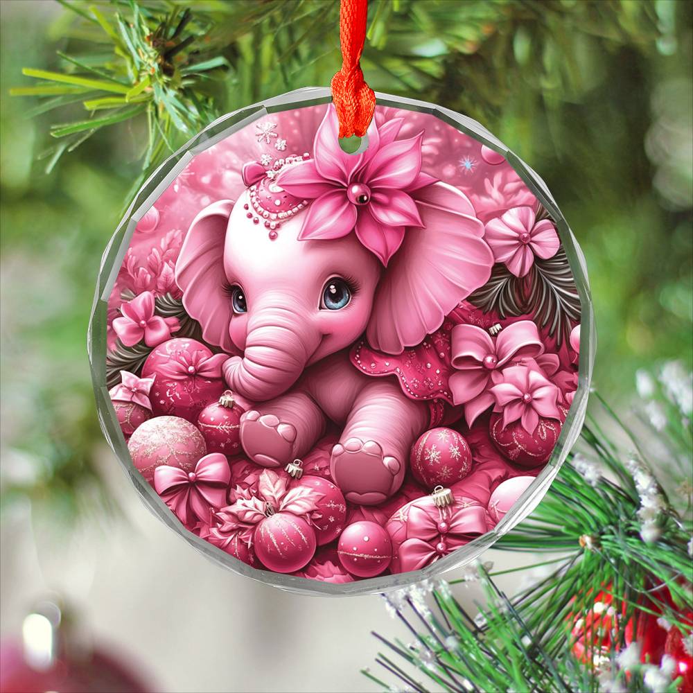 Elephant Pink Christmas Design 1 Glass Ornament