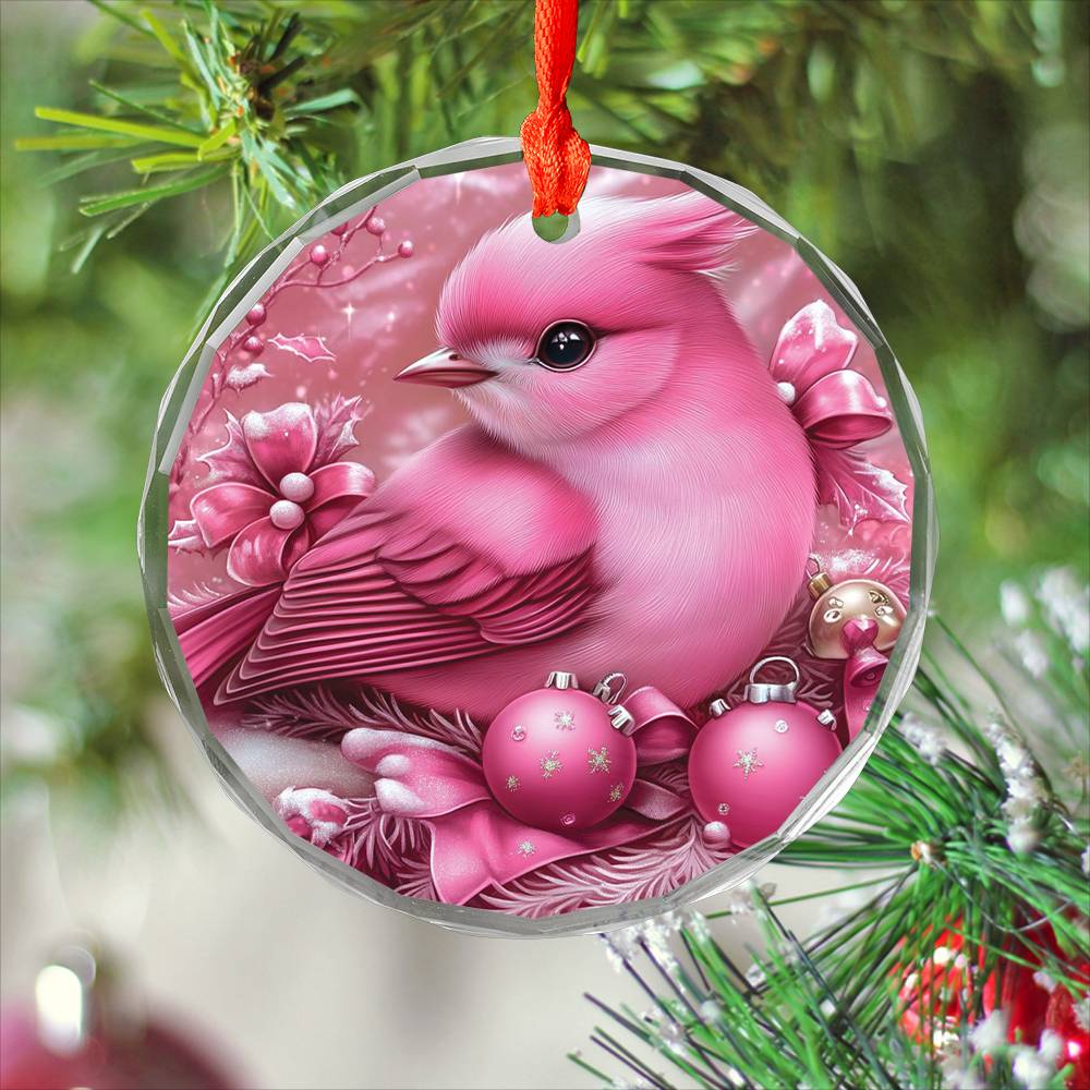 Songbird Pink Christmas Design 4 Glass Ornament