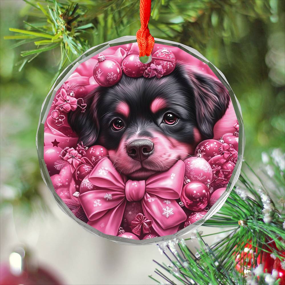 Christmas Rottweiler Dog Pink Christmas Design 1 Glass Ornament