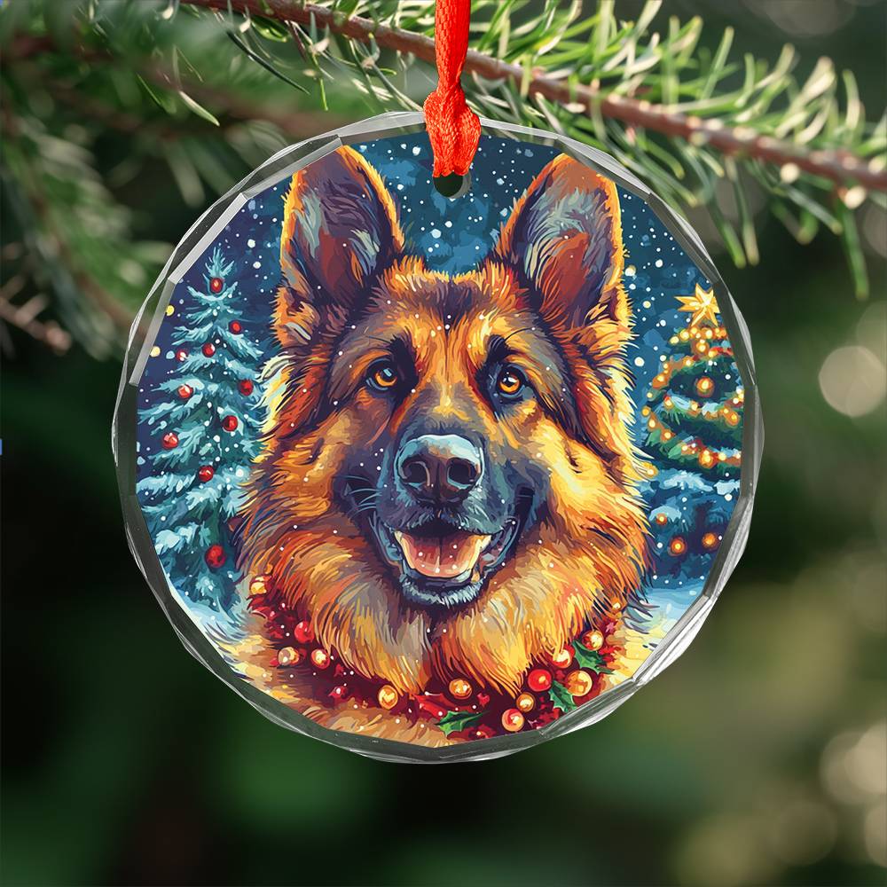 Beautiful German Shepherd Dog Christmas Night Design 3 Glass Ornament
