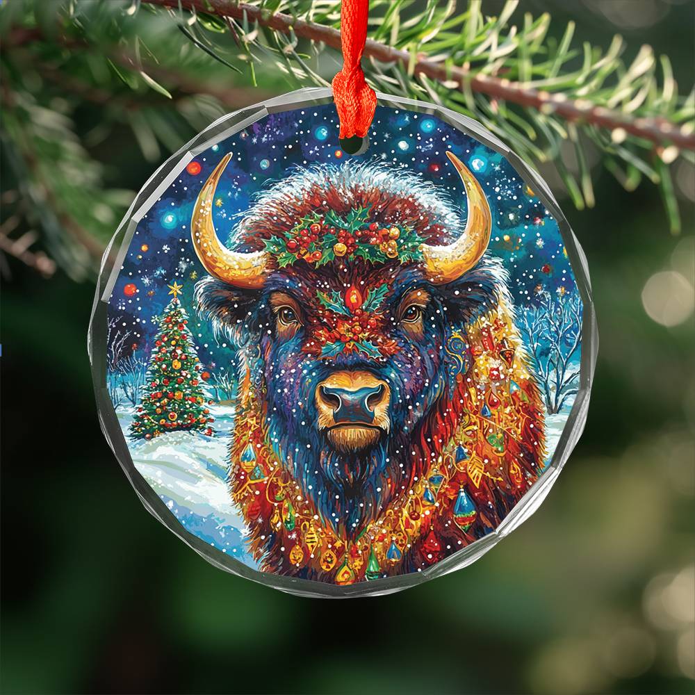 Beautiful Bison Christmas Night Design 1 Glass Ornament