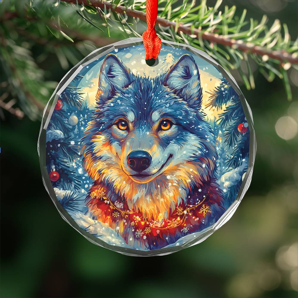 Beautiful Angus Wolf Christmas Night Design 2 Glass Ornament